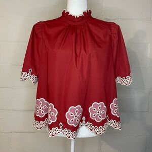 Women's Red Eyelet Floral Trim Ruffle Neck Blouse